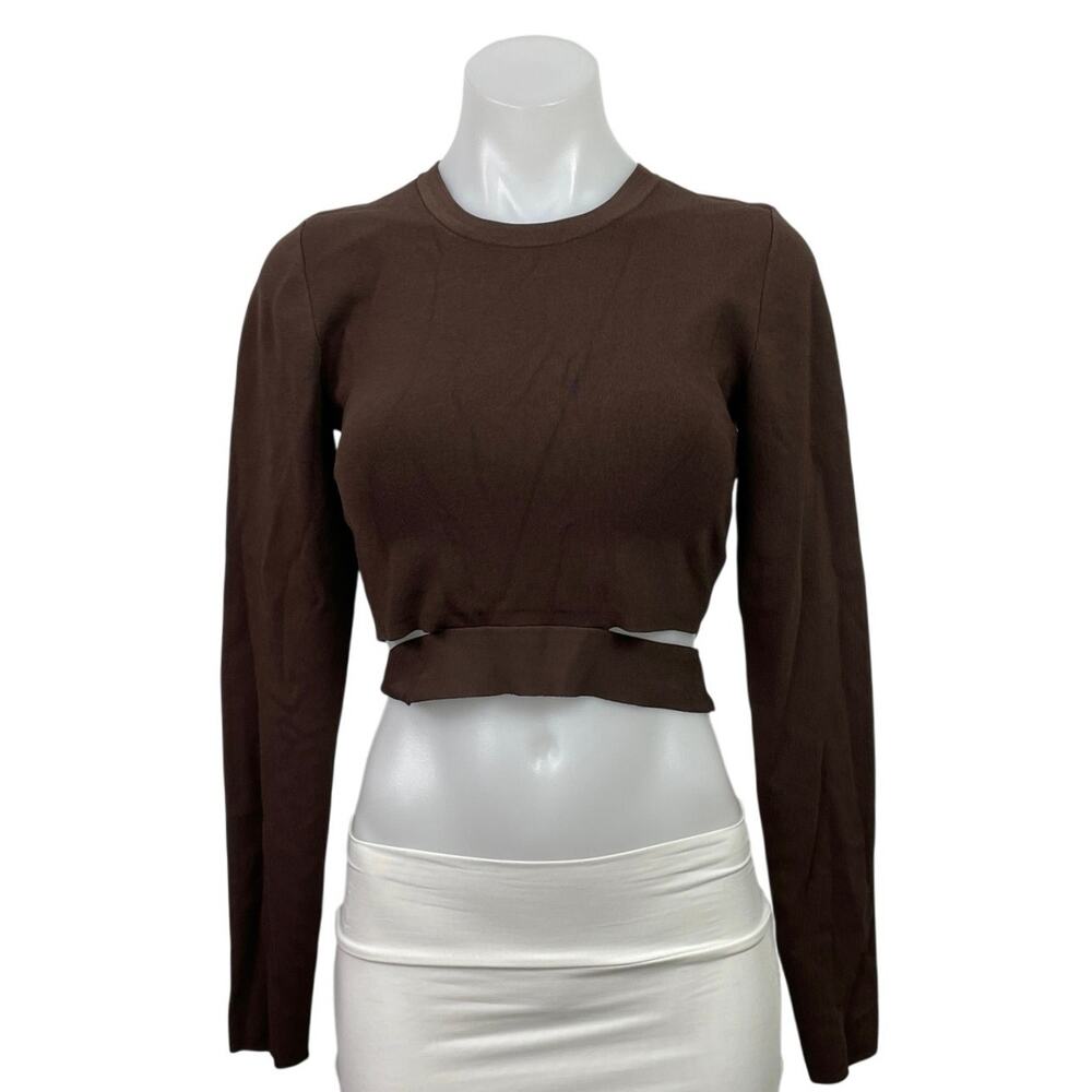 Aritzia TEN by Babaton Brown Cutout Long Sleeve Knit Crew Neck Crop Top Size M